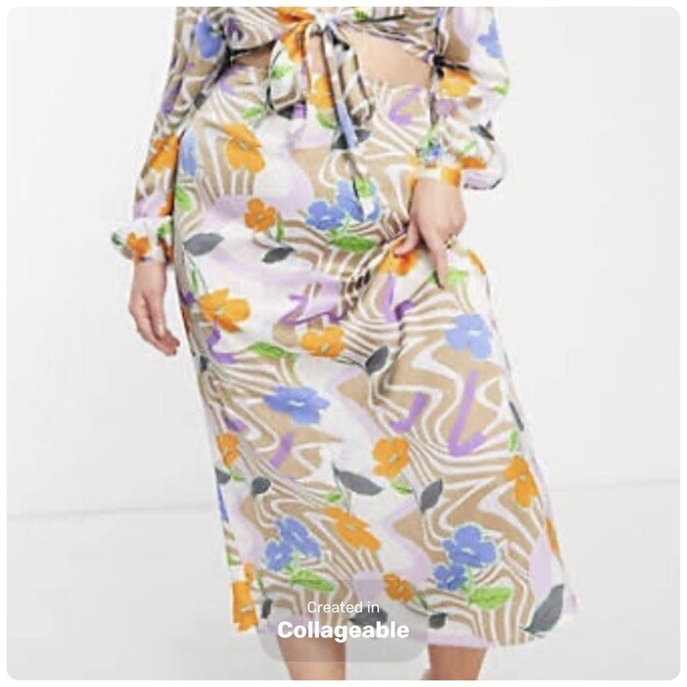 ASOS Curve Groovy Retro Floral Midi Skirt Y2K Artsy Abstract Print 14